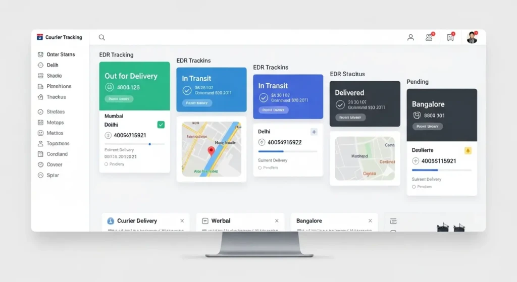 EDR courier tracking dashboard showing multiple shipment statuses including in transit, out for delivery, and delivered packages with location details