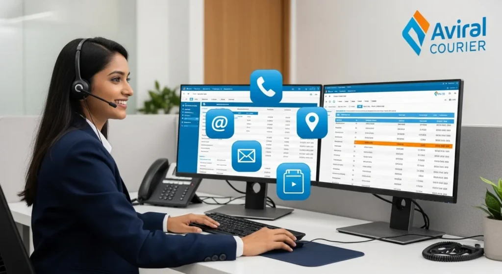 Aviral Courier customer support representative assisting with tracking queries showing multiple contact channels including phone, email and office location