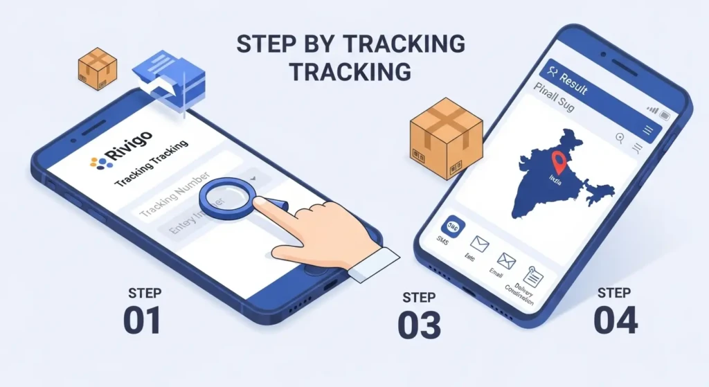 Step-by-step guide showing how to track Rivigo courier shipment online using tracking number on website and mobile app