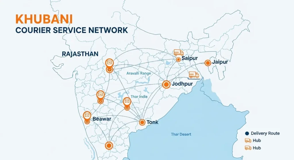 Khubani Courier service coverage map showing delivery network across Rajasthan and North India