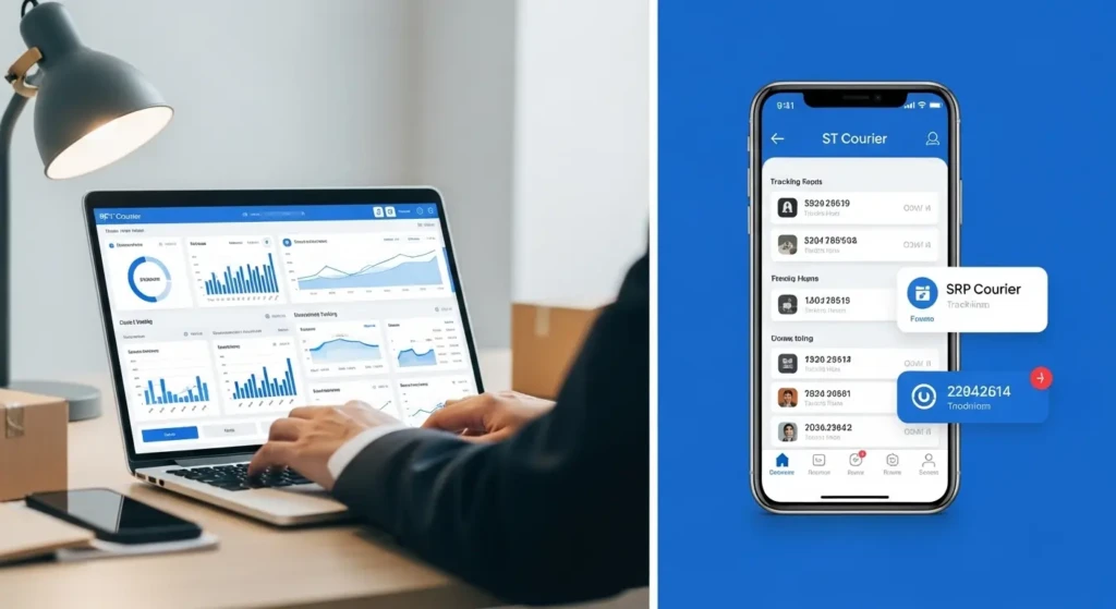 ERP ST Courier tracking dashboard on laptop showing bulk shipment management with mobile app interface displaying real-time tracking updates