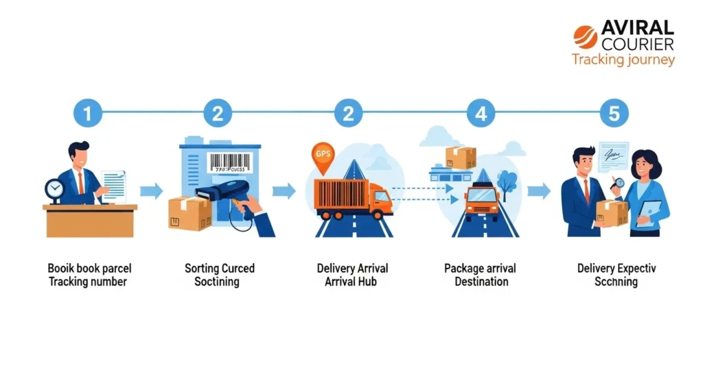 Aviral Courier tracking process visualization showing five stages from booking to delivery with barcode scanning and status updates