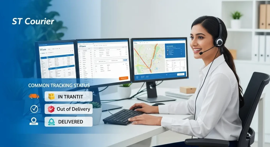 ST Courier customer support representative assisting with tracking inquiries showing various shipment status updates and delivery information