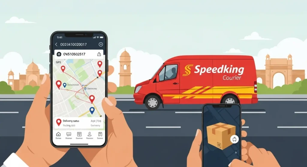 Speedking Courier tracking on mobile phone showing real-time delivery status with GPS map and branded delivery van on Indian highway