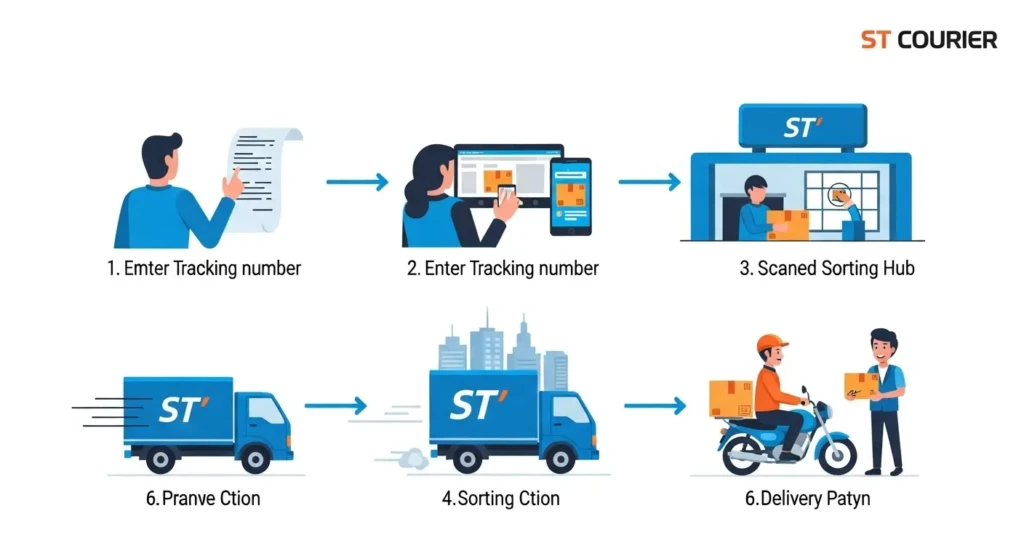 Step-by-step ST Courier tracking process from booking to delivery showing six stages of parcel journey with scanning and status updates