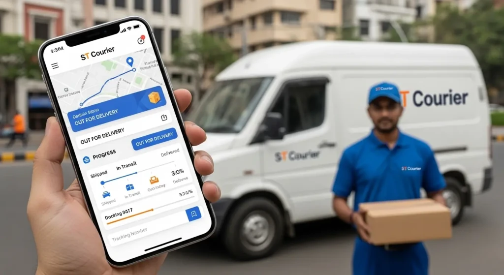 ST Courier tracking system showing real-time parcel tracking on mobile device with delivery status updates and location map