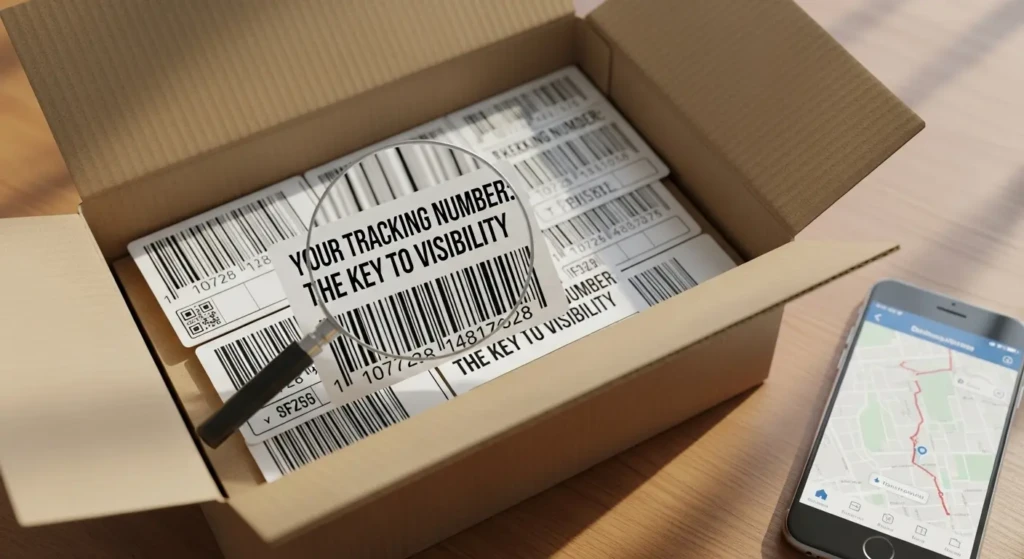 A person tracking a shipment online using a tracking number on a laptop, symbolizing transparency and visibility in delivery.