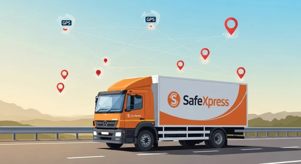 Safexpress delivery truck with real-time GPS tracking technology showing package location monitoring