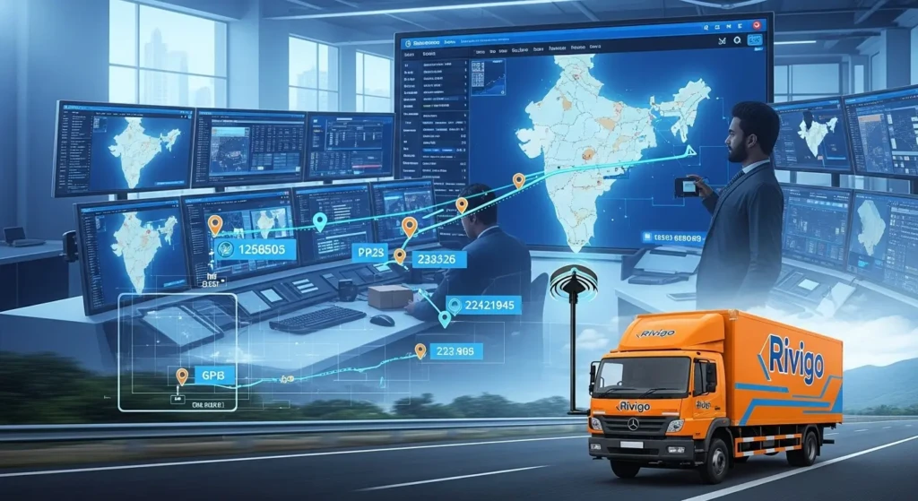 Rivigo courier tracking system showing real-time GPS monitoring of delivery trucks across India with digital tracking interface