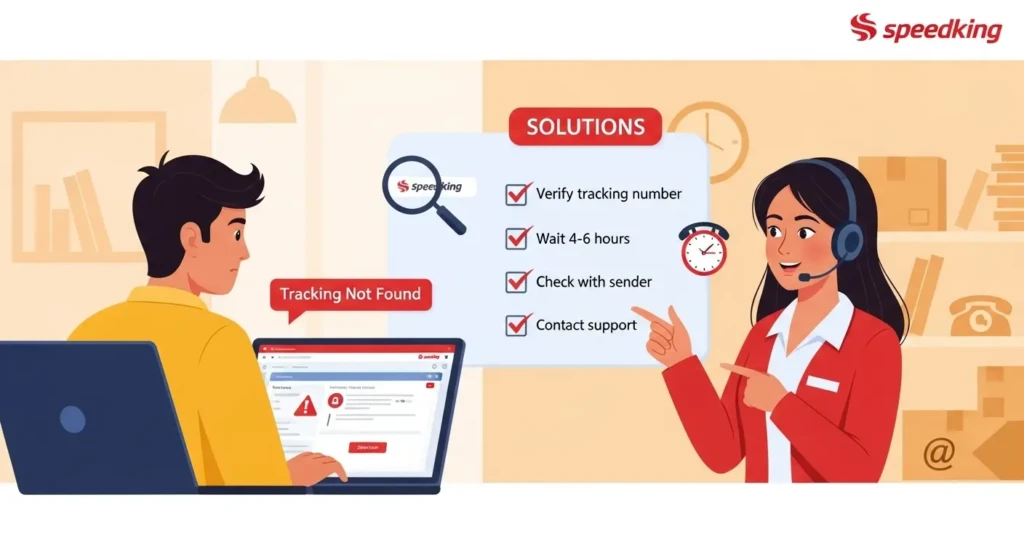 Speedking courier troubleshooting illustration showing customer with tracking error and support representative providing solutions checklist