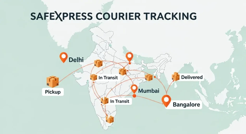Safexpress package delivery route map across India showing transit hubs and tracking checkpoints from pickup to delivery