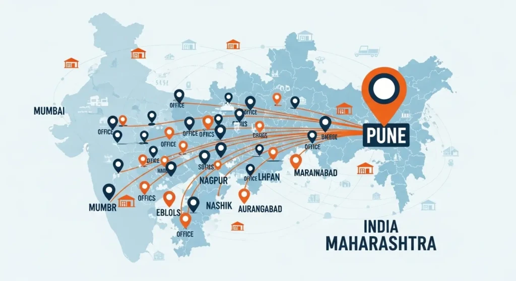 OCCPL Courier service coverage map showing 35+ offices across Maharashtra with Pune headquarters and Pan-India delivery network