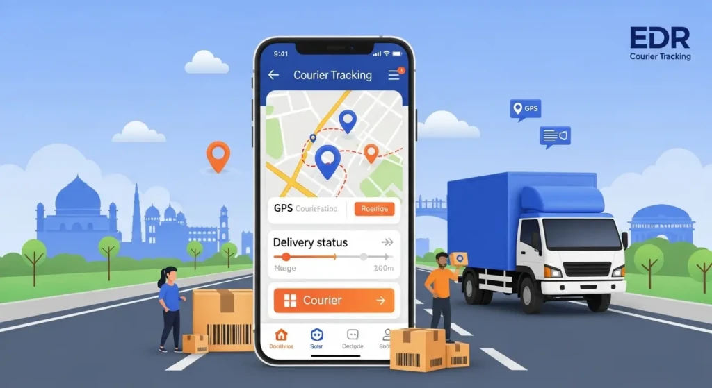 EDR courier tracking interface on mobile phone showing real-time package delivery status with Indian delivery truck and GPS tracking elements
