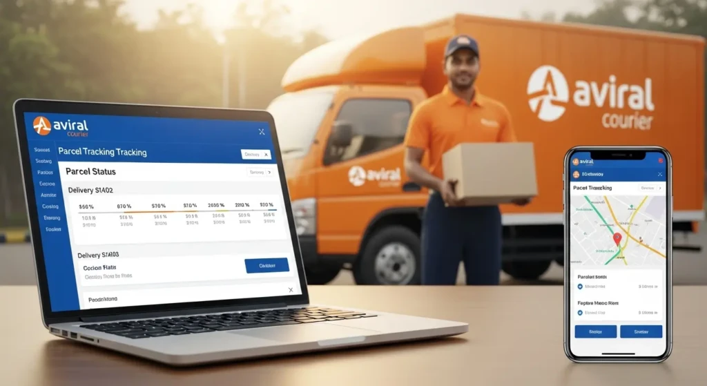 Aviral Courier tracking system displaying real-time parcel tracking on multiple devices with delivery truck and professional courier in background
