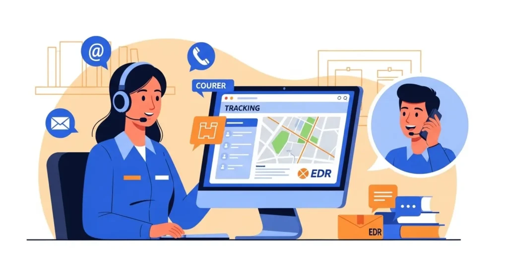 EDR courier customer support representative assisting customer with package tracking inquiry via phone and computer system