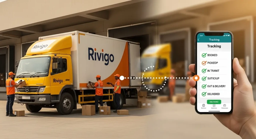 Rivigo tracking status updates showing package journey from warehouse pickup to final delivery with real-time synchronization